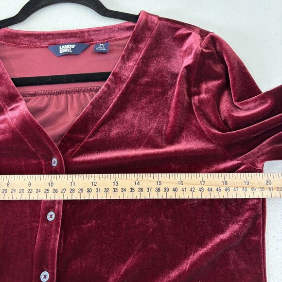 Lands End Red Burgundy Velvet Top Women M Button Front Vneck Soft Comfort Velour - Picture 4 of 7